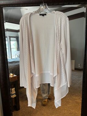 INC International Concepts Cream Striped Open-Front Draped Cardigan
